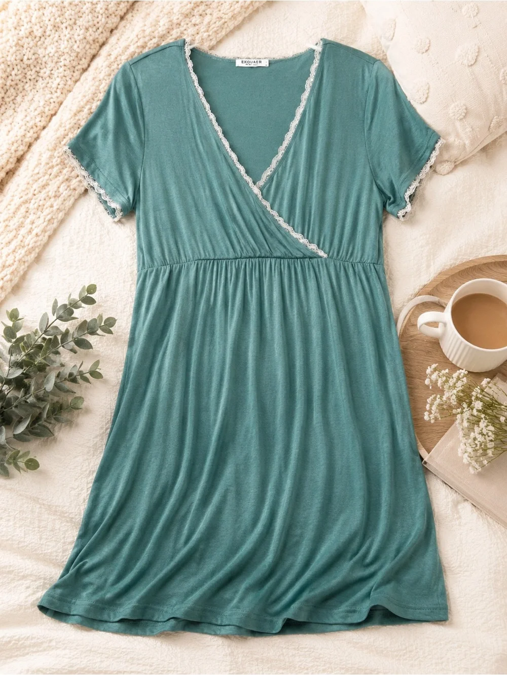 Ekouaer Teal Wrap Style Nightgown Sleep Dress Lace Trim Soft Stretch Small